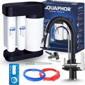 Miscelatore da cucina a 3 vie Nordic con sistema a osmosi inversa Morion 102S RO, bocca separata per l'acqua filtrata, doccetta estraibile, bocca girevole