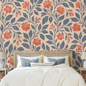 Carta da parati – Fiori corallo vintage con foglie