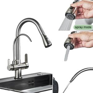 Rubinetto da cucina ad acqua filtrata, Design a doppia maniglia, Funzione spray estraibile, Nichel spazzolato