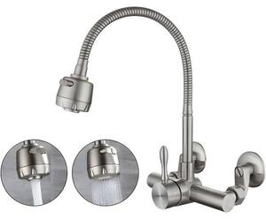 Rubinetto da cucina - Acciaio inossidabile 304 - Rotazione a 360° - Per lavello doppio - Interasse 12-18 cm - Argento - 1 pezzo