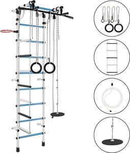 Spalliera per bambini: struttura da arrampicata da interno in metallo con scala a corda e ruote da ginnastica – Gamma Plus, blu
