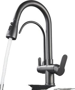 Rubinetto da cucina ad acqua filtrata, design a doppia maniglia, funzione spray estraibile, grigio pistola