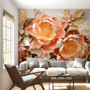 Carta da parati Composizione floreale in 3D sui toni del pesca, con peonie e rose, Carta da parati 3D, Carta da parati Fiori 3D, w01939 : Uwalls.it