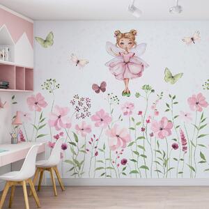 Carta da parati Una fata tra fiori e farfalle, Carta da parati per Bambini, Carta da parati per Ragazze, w01460 : Uwalls.it