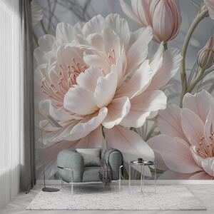 Carta da parati Grandi e delicati fiori di peonia bianchi e rosa con petali morbidi e soffici su uno, Carta da parati Natura, w08427 : Uwalls.it