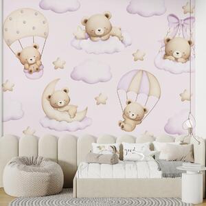 Carta da parati Orsi su paracadute e nuvole su sfondo rosa, Carta da parati per Bambini, w02385v1 : Uwalls.it