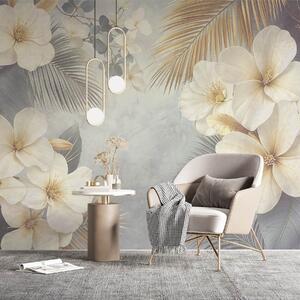 Carta da parati Un motivo floreale tropicale con grandi fiori di ibisco bianchi e gialli, foglie di palma, Carta da parati Natura, w08445 : Uwalls.it