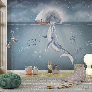 Carta da parati Design per bambini con balena, luna e barca con bambini, Carta da parati per Bambini, w02476 : Uwalls.it