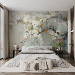 Carta da parati Ramo con fiori bianchi a imitazione di pennellate di pittura, Carta da parati Natura, w02589 : Uwalls.it
