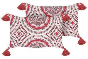 Set di 2 cuscini in cotone bianco bordeaux rosso 30 x 50 cm imbottitura orientale motivo geometrico fatto a mano Beliani