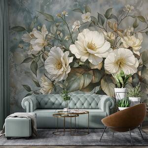 Carta da parati Grandi fiori di peonia bianchi e dettagliati con foglie verdi su uno sfondo turchese, Carta da parati Floreale, w08528 : Uwalls.it