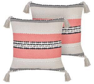 Set di 2 cuscini decorativi in cotone beige e rosso 45 x 45 cm motivo a righe con nappe Cuscini Boho Design Beliani