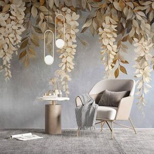 Carta da parati Delicati fiori di glicine bianchi e beige chiaro con fogliame a cascata su uno sfondo, Carta da parati Floreale, w08531 : Uwalls.it