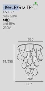 Sosp. cromo 12 luci tonda vetri piccoli (3xam+3xbr+3xfu+3xtr) 1193c