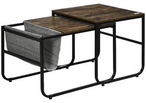 HOMCOM Set 2 Tavolini da Caffè Sovrapponibili Stile Industriale in MDF e Acciaio, Nero e Marrone Rustico