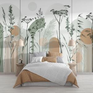Carta da parati Una collezione di piante e fiori dai toni neutri su uno sfondo astratto ad arco con, Carta da parati Acquerello, w08665v1 : Uwalls.it