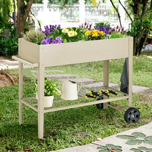Costway Fioriera da esterno in metallo con ripiano ruote ganci e impugnatura, Aiuola rialzata per ortaggi fiori Beige