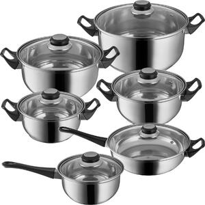 Tectake 401247 set di pentole in acciaio inox con coperchio in vetro, 12 pezzi - argento