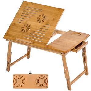 Tectake 401655 tavolino porta pc da letto 55x35x26cm, in legno, regolabile con ventole usb doppie - marrone