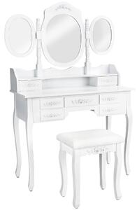 Tectake 402074 tavolino da trucco, toeletta, con 7 cassetti, specchio e sgabello effetto retrò - bianco
