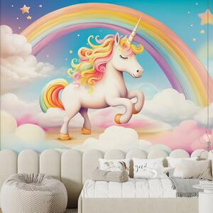 Carta da parati Un cavallo unicorno con arcobaleno, nuvole e cielo stellato, Carta da parati per Bambini, w08820 : Uwalls.it