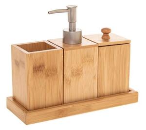Set accessori bagno in bambù (dispenser, porta spazzolino, porta oggetti)