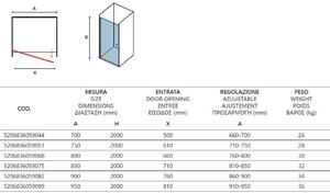 Porta Doccia Pivot Battente Profili Neri H200 6mm - 70 cm