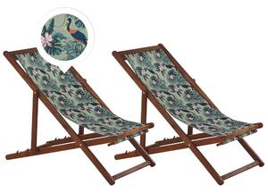Set di 2 sedie a sdraio da giardino con struttura in legno di acacia scuro con motivo pellicano sedile ad amaca reclinabile pieghevole Tele di Sostituzione Beliani
