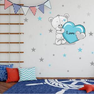 INSPIO-Adesivo in tessuto - Adesivi da parete per bambini, orsetto blu con stelle e nome