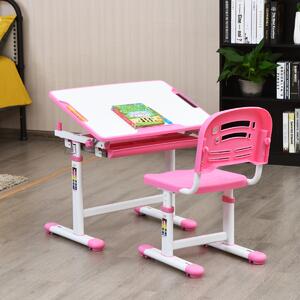 Costway Scrivania per bambini regolabile in altezza Set tavolo e sedie bimbi da disegno inclinabile Rosa