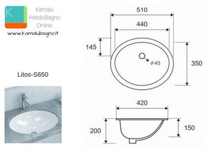 Lavabo sottopiano incasso in ceramica 50cm Litos-S650 - KAMALU