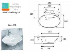 Lavabo bacinella appoggio ovale 60 cm Litos-361 - KAMALU
