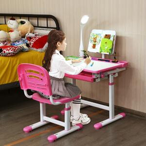 Costway Scrivania per bambini altezza regolabile 54-76cm Set tavolo e sedie bimbi inclinabile con lampada, Rosa