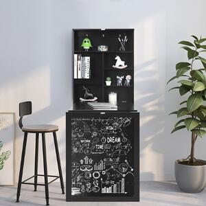 Costway Scrivania pieghevole a parete con scaffali, Tavolo richiudibile con lavagna 85,4x60,1x145,5cm Nero