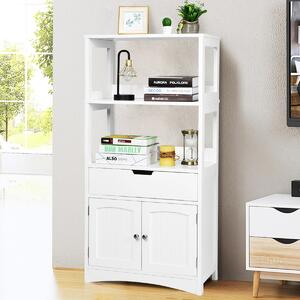 Costway Armadietto in legno del bagno con cassetto e mensola, Armadio con 2 ante per cucina e ingresso, Bianco