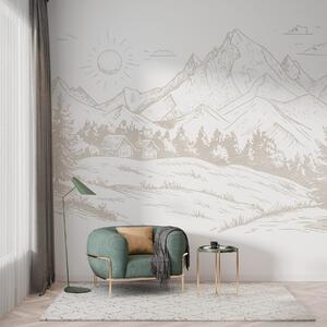 Carta da parati Disegno di montagne, paesaggi naturali, foresta, case di legno, colore beige, Carta da parati Natura, w03348 : Uwalls.it