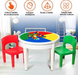 Costway 3 in 1 Tavolo attività rotondo per bambini con più di 3 anni con 2 sedie e 300 costruzioni, 57x43cm Multicolore