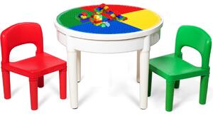Costway 3 in 1 Tavolo attività rotondo per bambini con più di 3 anni con 2 sedie e 300 costruzioni, 57x43cm Multicolore