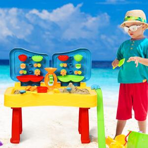 Costway Tavolo per sabbia ed acqua per bambini 2 in 1 da interno ed esterno, Set gioco da spiaggia 31 pezzi per bimbi, Multicolore