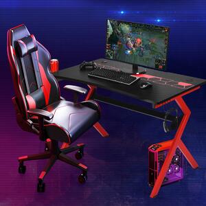 Costway Scrivania da gaming in fibre di carbonio a forma di R, Tavolo ergonomico per computer con portabicchiere 115x66x77cm, Nero