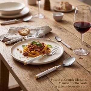 Servizio posate da 24 pezzi Neva Posateria Creativa Collezione LA CORDA Realizzato in acciaio inox 18/10 e 100% Made in Italy Colore Bianco Ghiera Oro