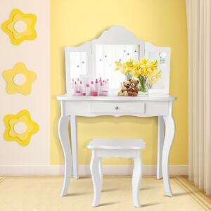 Costway Set toeletta per bambini, Tavolo toeletta principessa con sgabello specchio pieghevole, Bianco