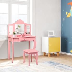 Costway Set toeletta per bambini, Tavolo toeletta principessa con sgabello specchio pieghevole, Rosa