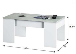 Tavolino Da Salotto Con Piano Elevabile 50x100x45 Cm Cemento E Bianco