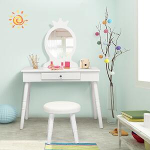 Costway Toeletta con specchio per bambini, Set tavolo e sedia toeletta con cassetti e sgabello imbottito, Bianco