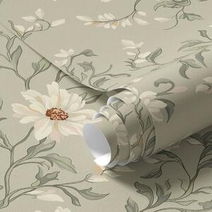 Carta da parati Fiori bianchi con foglie mosse su sfondo chiaro, Parati classici in stile inglese, a00001v1 : Uwalls.it