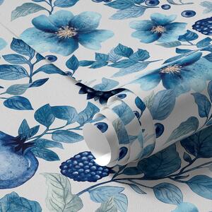 Carta da parati Fiori blu e melograni, Parati classici acquerello, a00002 : Uwalls.it