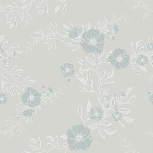 Carta da parati Fiori con foglie chiare su sfondo blu, Parati classici in stile inglese, a00006v2 : Uwalls.it