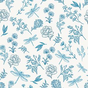 Carta da parati Fiori blu, foglie e libellule su sfondo bianco, Parati classici Rustica, a00025 : Uwalls.it