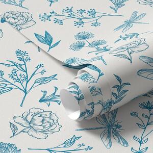 Carta da parati Fiori blu, foglie e libellule su sfondo bianco, Parati classici Rustica, a00025 : Uwalls.it